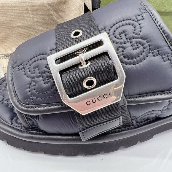 GUCCI Mens GG LOGO Quilted Buckle Black Slides Sandals 776792 Mens UK 9 US 9.5 - Picture 3 of 14